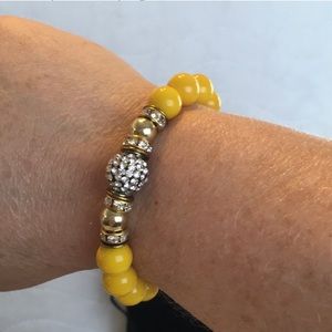 Yellow Bead with Glass Crystals Elastic Bracelet NWOT